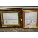 TWO FRAMED OIL ON CANVASES OF BEACH SCENES WITH FEMALE FIGURES HOLDING PARASOLS SIGNED MARIE CHARLES