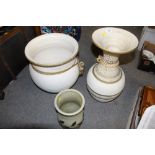 A LARGE CERAMIC VASE AND MATCHING PLANTER, TOGETHER WITH A STONEWARE VASE (3) VASE HEIGHT - 50CM