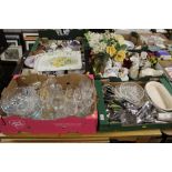 SIX TRAYS OF ASSORTED CERAMICS AND GLASS TO INCLUDE MINTON, VINERS FLATWARE, CUT GLASS ETC