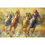 A FRAMED OIL ON CANVAS OF A HORSE RACE SCENE SIGNED P SANDFORD, SIZE - 49 CM X 39 CM