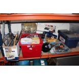 A QUANTITY OF TOOLS AND PARTS ETC TO INCLUDE HAND TOOLS, BENCH GRINDER, TOOL BOX ETC