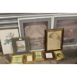 A QUANTITY OF PICTURES, PRINTS, FRAMES ETC., TO INCLUDE A FRAMED AND GLAZED PAIR OF ANNIE RETIUAT