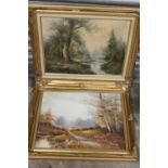 TWO GILT FRAMED OIL ON CANVASES DEPICTING LANDSCAPES ONE WITH DEER, BOTH INDISTINCTLY SIGNED
