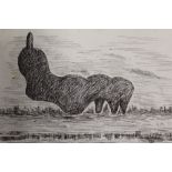 AFTER HENRY MOORE - AN UNFRAMED PEN AND INK STUDY OF A SCULPTURE IN A FIELD SIZE -28CM X 20CM