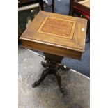 AN ANTIQUE MAHOGANY AND WALNUT TRUMPET WORK TABLE, WITH PART FITTED INTERIOR H-73 CM
