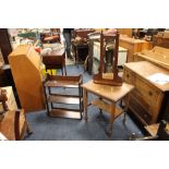 A SMALL OAK BARLEYTWIST TABLE WITH AN EDWARDIAN MIRROR AND A OPEN OAK BOOKCASE (3)