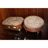 INLAID MAHOGANY OCTAGONAL LIDDED FOOT STOOL TOGETHER WITH A CIRCULAR FOOT STOOL