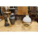 A LARGE CHALK BOY MODEL H-52 CM A/F WITH A MODERN VASE, OIL LAMP AND GLASS STAND (4)