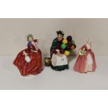 THREE ROYAL DOULTON FIGURES - THE OLD BALLOON SELLER HN1315, AUTUMN BREEZES HN1934, AND JANET