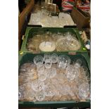 FOUR TRAYS OF GLASSWARE TOGETHER WITH A COPPER BED WARMING PAN