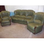 A GREEN LEATHER ITALIAN STYLED THREE PIECE SUITE