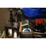 TRAY OF COLLECTABLES TO INCLUDE A PAIR OF BRASS CANDLESTICKS TRAVEL CLOCK ETC (TRAY NOT INCLUDED)