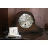 AN OAK NAPOLEON HAT MANTLE CLOCK TOGETHER WITH A THERMOMETER