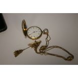 A YELLOW METAL FULL HUNTER POCKET WATCH WITH WHITE ENAMEL DIAL AND BLACK ROMAN NUMERAL MARKERS, D