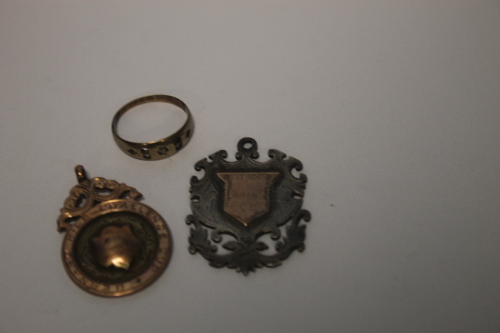 A 9 CT GOLD FOB MEDAL, A 9 CT GOLD RING A/F AND A SILVER FOB - Image 4 of 4