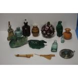 A COLLECTION OF MINIATURE BOTTLES, DUCK ORNAMENTS, ETC.