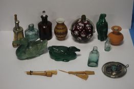 A COLLECTION OF MINIATURE BOTTLES, DUCK ORNAMENTS, ETC.