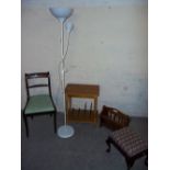 FIVE ITEMS TO INCLUDE A MODERN FLOOR STANDING LAMP, CHAIR, MAGAZINE RACK, SIDE TABLE AND A STOOL (