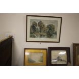A FRAMED AND GLAZED WATERCOLOUR OF A RIVER SCENE TOGETHER WITH A PEN AND INK DRAWING OF A