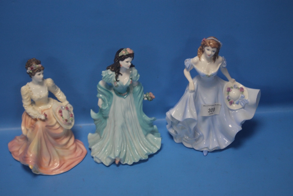 THREE COALPORT FIGURINES TO INCLUDE 'LADY IN LACE', 'PAMELA' AND 'AMELIA' (3)