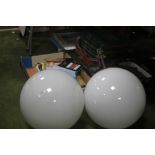 TWO ANTIQUE WHITE GLASS SPHERICAL HANGING LAMPS