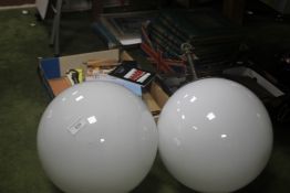 TWO ANTIQUE WHITE GLASS SPHERICAL HANGING LAMPS