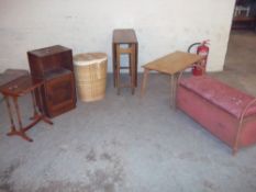 SIX ITEMS TO INCLUDE TABLES, BLANKET BOX, BEDSIDE CHEST ETC.