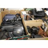 THREE TRAYS OF CAMERAS AND ACCESSORIES TO INCLUDE MINOLTA, JVC ETC.