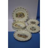 FOUR ROYAL DOULTON BUNNYKINS PLATES TOGETHER WITH A BUNNYKINS BOWL