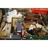 THREE TRAYS OF COLLECTABLES TO INCLUDE A PAIR OF WALKIE-TALKIES, A QUANTITY OF WOODEN BOXES ETC.