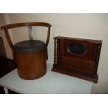 A VINTAGE BARREL TYPE STORAGE CHAIR AND A SMALL MAHOGANY OVERMANTEL MIRROR