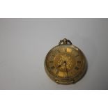 A CONTINENTAL YELLOW METAL LADIES FOB WATCH, MARKED 18K WITH FANCY GILT DIAL