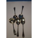 FOUR GEORGIAN SILVER SPOONS AND A LADLE