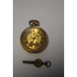 A CONTINENTAL YELLOW METAL LADIES FOB WATCH, MARKED 18K WITH FANCY GILT DIAL, D 3.5 cm