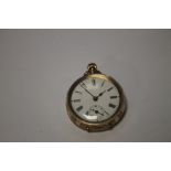 A CONTINENTAL YELLOW METAL LADIES FOB WATCH, MARKED 14K, WHITE ENAMEL DIAL WITH BLACK ROMAN