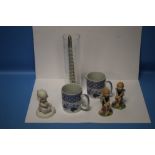 TWO SPODE MUGS, TWO WADE FIGURES AND AN IKEA VAS/LJUSSTAKE