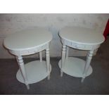 A PAIR OF CONTEMPORARY OVAL CREAM OCCASIONAL TABLES WITH DRAWER