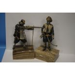 TWO SILVERED BRONZE FIGURES OF A TURK AND A MUSKATEER, BOTH SIGNED ANNA DAMESIN