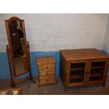 THREE SOLID PINE ITEMS - A FLOOR STNDING CHEVAL MIRROR, A PINE SIDEBOARD WITH GLASS DOORS AND A