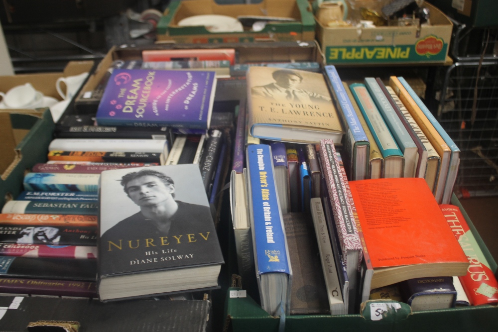 THREE TRAYS OF MISCELLANEOUS BOOKS INCLUDING FILM BIOGRAPHIES ETC. (TRAYS NOT INCLUDED)