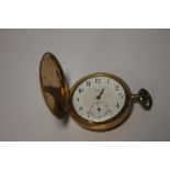 LONGINES FULL HUNTER POCKET WATCH, THE CASE MARKED 585, SIGNED LONGINES TO THE WHITE ENAMEL DIAL,