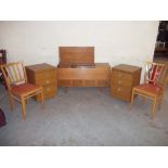 A TEAK HMV RADIOGRAM WITH QUANTITY OF LP RECORDS, CHESTS OF DRAWERS AND RETRO KITCHEN CHAIRS (5)