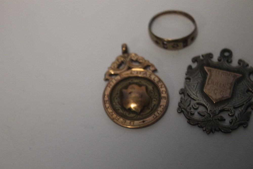 A 9 CT GOLD FOB MEDAL, A 9 CT GOLD RING A/F AND A SILVER FOB - Image 2 of 4