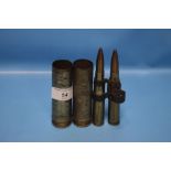 A PAIR OF WWII SHELL CASES AND BULLETS, one stamped 551 CY 79 PRAC 4* Z, the other 70 CY 80 PRAC 4