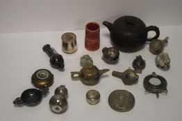 AN ORIENTAL STYLE TEAPOT , A QUANTITY OF METAL MINIATURE FLASKS ETC.