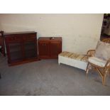 FOUR ITEMS TO INCLUDE A LLOYD LOOM BLANKET CHEST / OTTOMAN, A WICKER CHAIR, AN EDWARDIAN STYLE