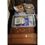 TWO TRAYS OF ASSORTED SUNDRIES TO INCLUDE HANDBAGS, LINEN ETC TOGETHER WITH TWO SUITCASES