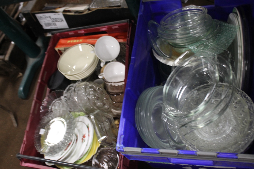 TWO TRAYS OF CERAMICS AND GLASSWARE (TRAYS NOT INCLUDED)