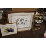 TWO FRAMED PRINTS OF DOGS BY JOEL KIRK AND CAROLINE COOK TOGETHER WITH A MIRROR