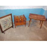 A MODERN CANTERBURY, AN OAK FRAMED FIRE SCREEN, AND A HIGHLY POLISHED WALNUT TABLE (3)